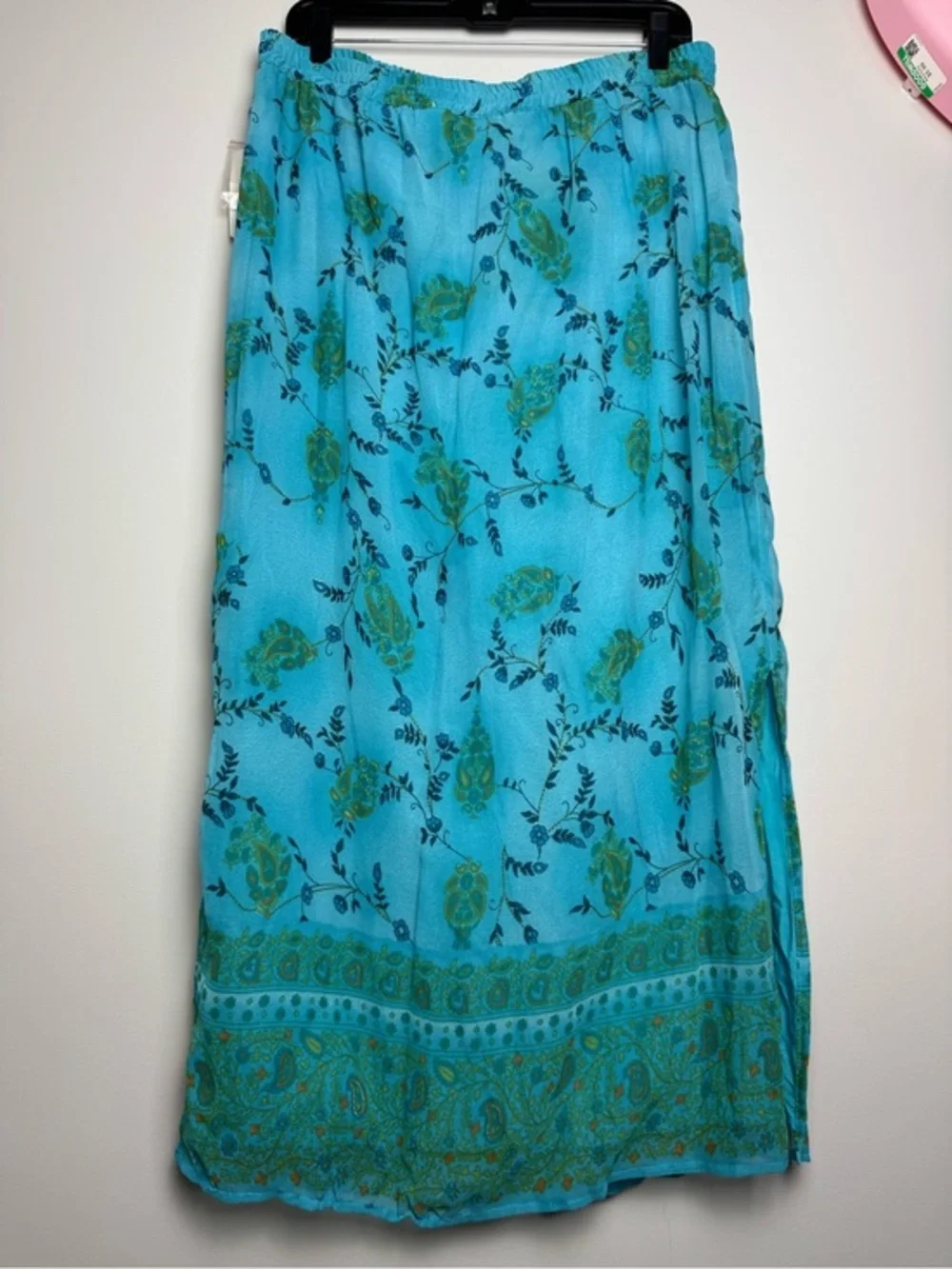 NWT Vintage Fashion Bug Turquoise Blue Maxi Skirt with Green Paisley Print